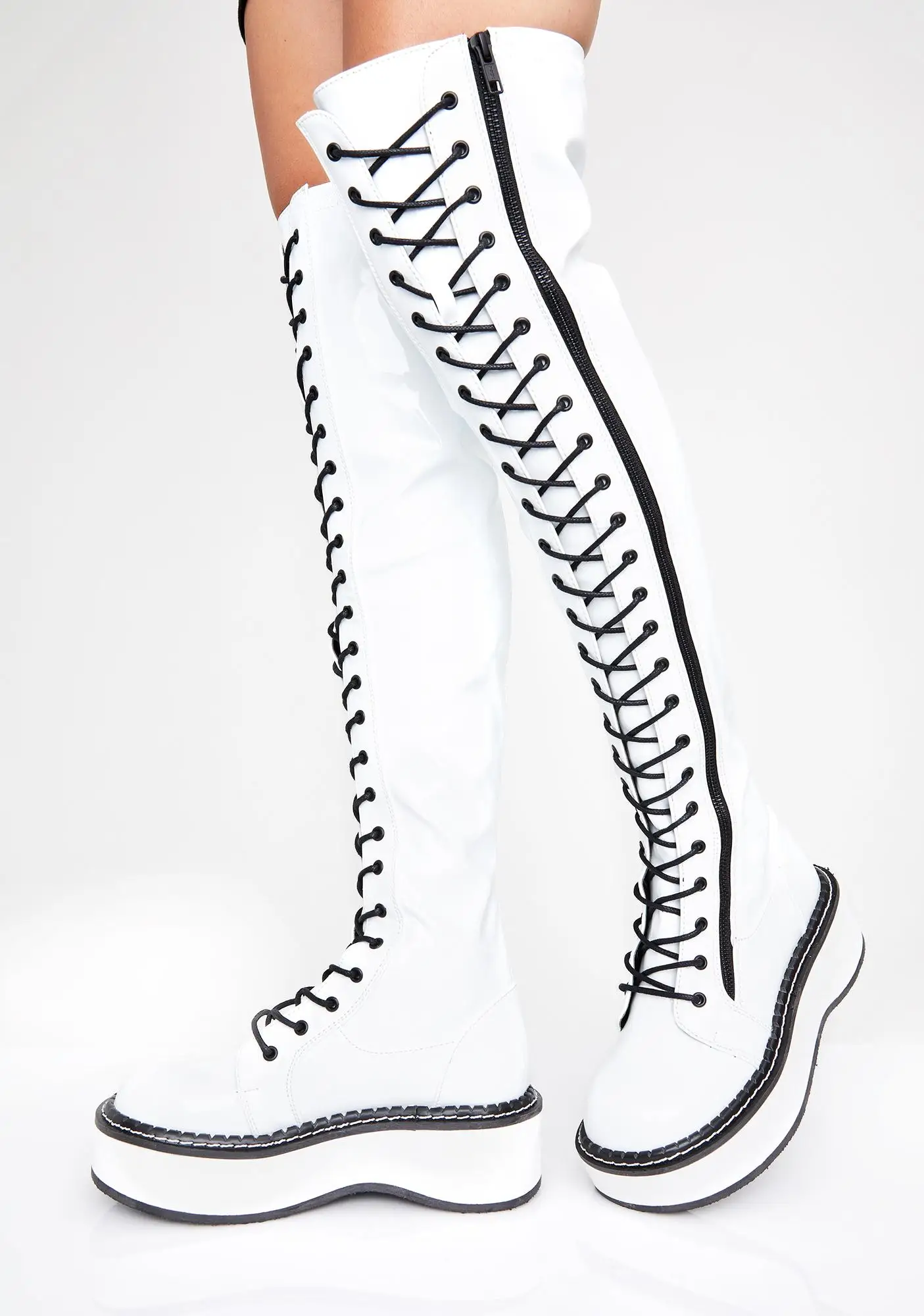 Оригинальные Модные Черные Сапоги выше колена на шнуровке; женская обувь на плоской платформе с круглым носком; большие размеры