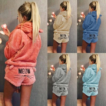 

Women Coral Velvet Suit 2020 Autumn Winter Warm Outfits Cute Cat Meow Pattern Hoodies and Shorts Two Piece Set female Tracksuit