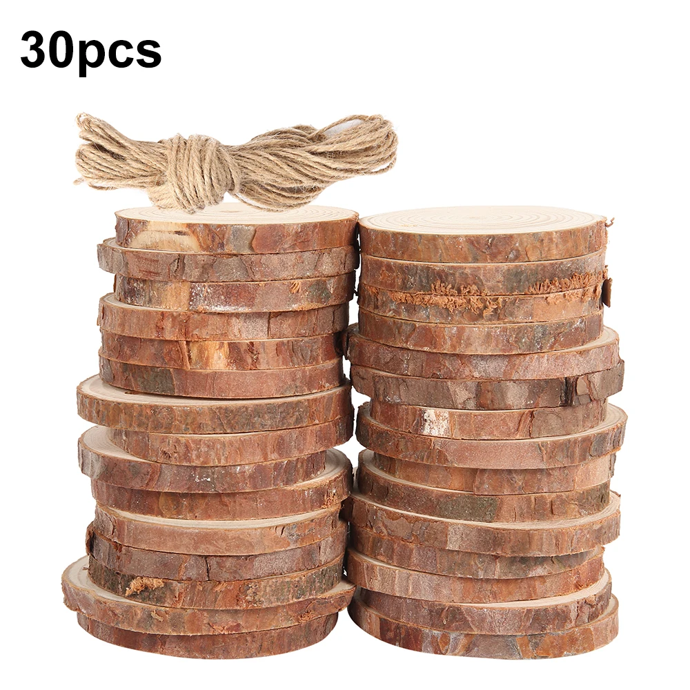 

30PCS Natural Round Wood Slices Circles Unfinished Wood Ring with Bark Log Tray DIY Crafts Wedding Party Painting Tools