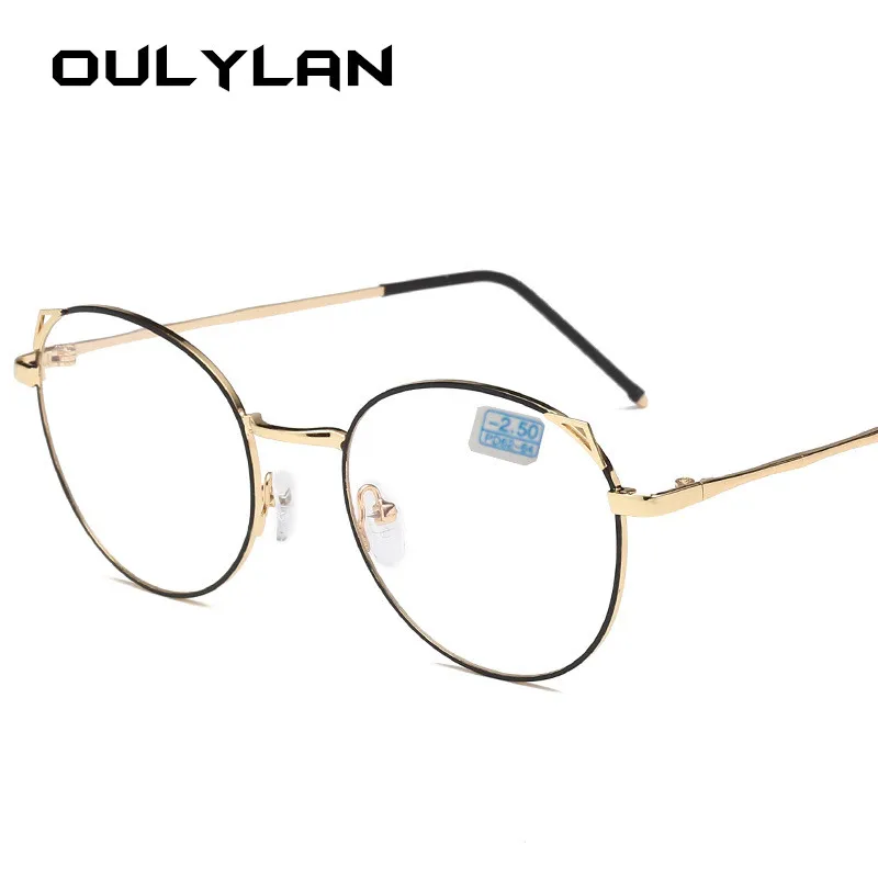 Oulyan классические кошачьи уши очки для близорукости женские круглые металлические оправы для очков женские прозрачные оптические очки диоптрий-1,0-2,0-3,0