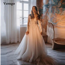 

Verngo Vintage Long Sleeves Boho Wedding Dresses Lace Applique Beads Tulle Sheer Scoop Neck Bohemian Bridal Gowns Plus Size