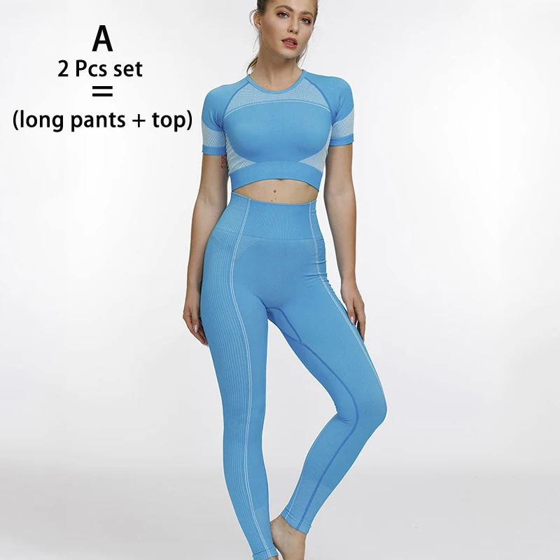 A blue set 2 Pcs Женский комплект для йоги, фитнеса, спортивные костюмы для йоги, сексуальные женские топы с пупком, облегающие шорты для пробежки, тренировочный костюм, спортивный тренировочный комплект - Цвет: A blue set 2 Pcs