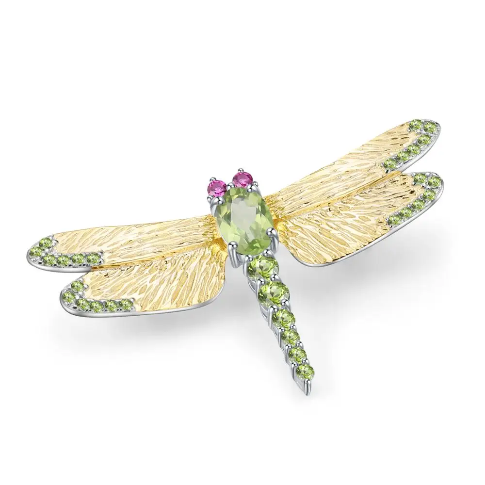 

GEM'S BALLET 1.13Ct Natural Green Peridot Gemstone Brooch Fine Jewelry 925 Sterling Sliver Handmade Dragonfly Brooches For Women
