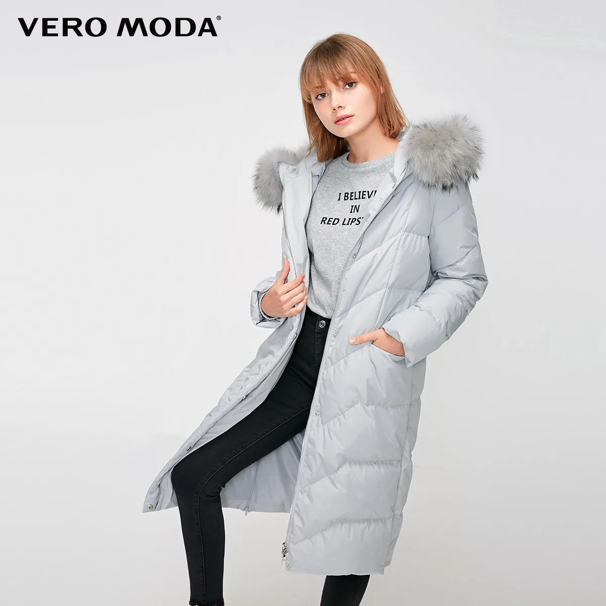 Vero Moda женский длинный пуховик с капюшоном из меха енота | 318412531 - Цвет: Silver hurricane