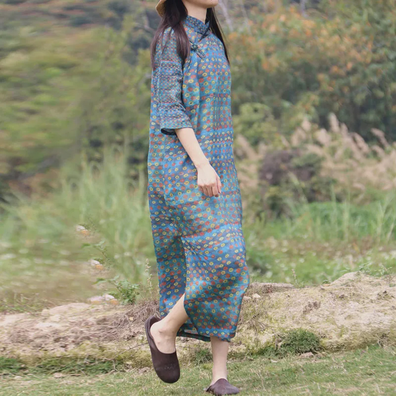 

Spring Summer National Wind Ramie Coins Printed Dress Chinese Plate Buttons Stand Collar Cheongsam Literary Retro Tea Service