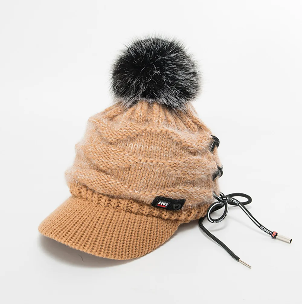 Зимние трикотажные шапки для женщин, твердые бинты, защита для ушей, броские волосы, козырек, шапка, теплая уличная женская шапка, шапки - Цвет: Khaki