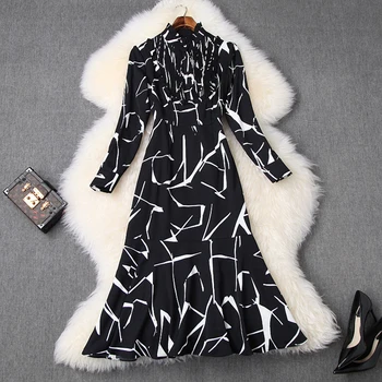 

Designer Women Spring Summer 2020 Ruffle Print Long Sleeve Party Dress Sexy Mermaid Dresses Female Vestidos Robe