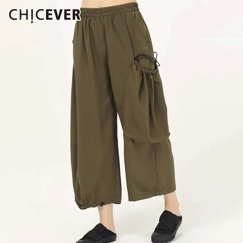 

CHICEVER Pants For Women High Waist Pocket Lace Up Oversize Loose Casual Cargo Trouser Female 2020 Spring Fashion New Clothes