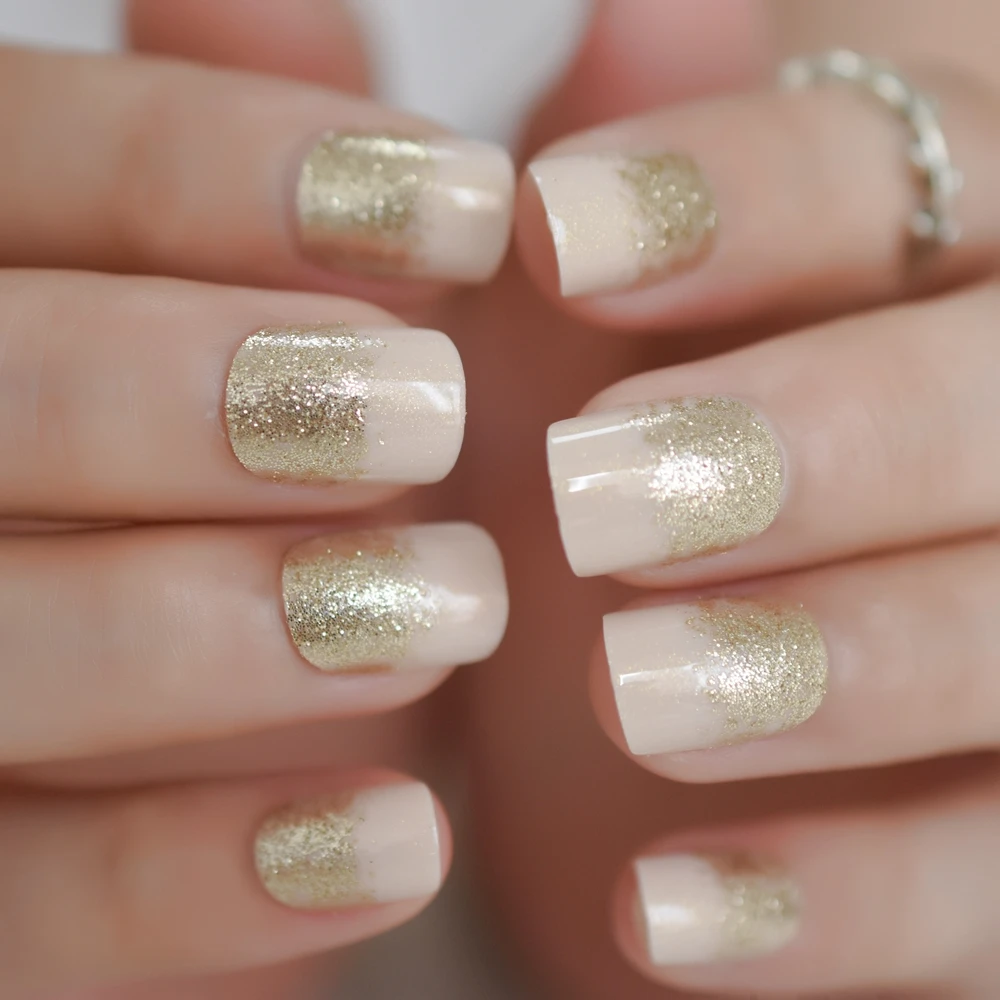 Shimmer Square Elegance Press On Nails Light Beige Yellow Champagne Glitter  Designed Fake Nails With Adhesive Tabs - False Nails - AliExpress