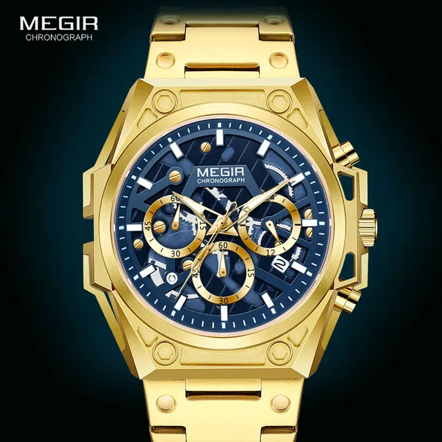 MEGIR Gold Watch for Men Stainless Steel Chronograph Wrist Watch Man Luxury Luminous Quartz Watches relogio masculino часы reloj 2
