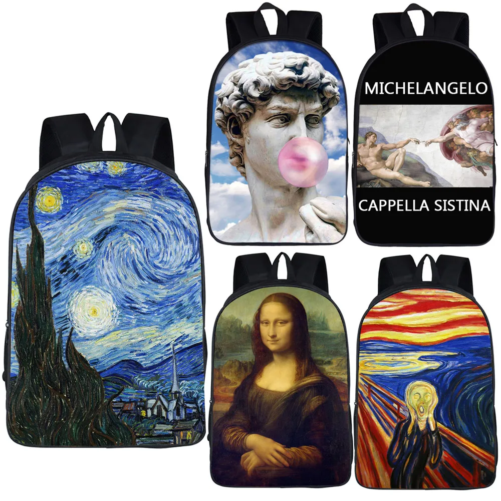 Günstige Van Gogh Michelangelo Da Vinci kunst rucksack für teenager jungen mädchen kinder schule taschen frauen kausalen tasche schule rucksack