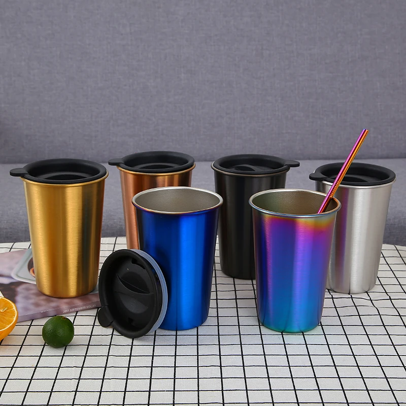 

500ml 304 Stainless Steel Coffee Mugs Beer Mug For Tea Thermo Cup Travel Mugs Metal Cup Cover Metal Straw Reusable Tumbler Pint