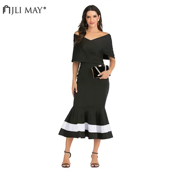 

JLI MAY Patchwork Striped Trumpet Dress Vintage Half Cloak Sleeve V-neck Mid-Calf Empire Slim Fit Party Sexy Mermaid Dresses
