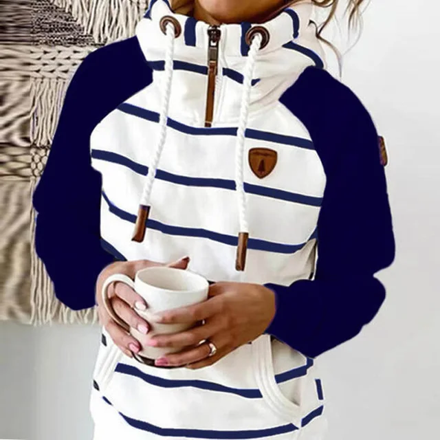 

3XL Women Zipper Stripe Hooded Sweatshirt Lady 2021 Spring Autumn Drawstring Pocket Hoodies Tops Female Thick Harajuku outwear