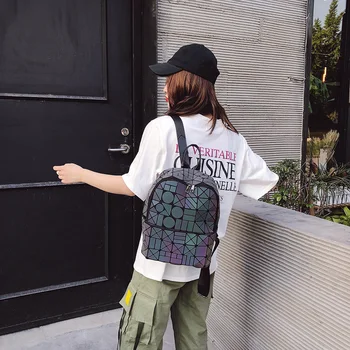 

Street Style Women PU Leather Geometry Backpacks Luminous Reflective School Large Capacity String Bag for Ladies