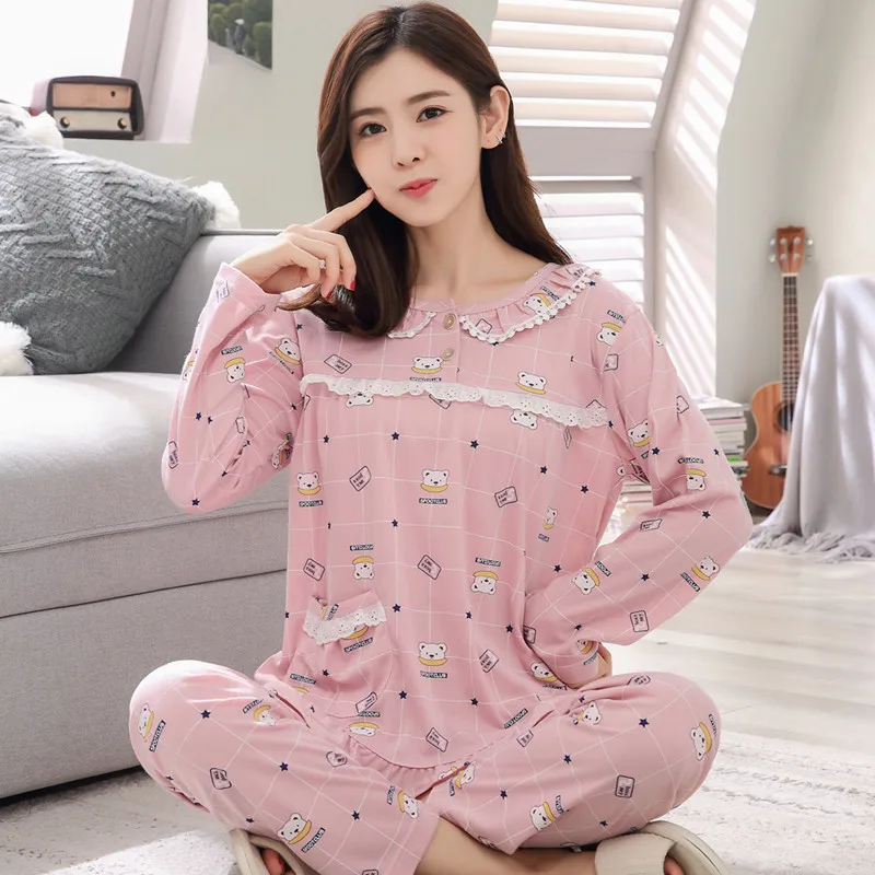 

Pajamas Female Spring Autumn Two-Piece Set Long Sleeve Pure Cotton Cute Outer Wear Thin Sweet Fat Mm Students Home Wear