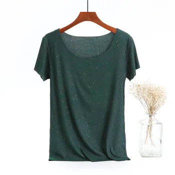 

2020 WOMEN Ice silk silver round neck bottoming shirt female slim summer women's large size t-shirt female short sleeve