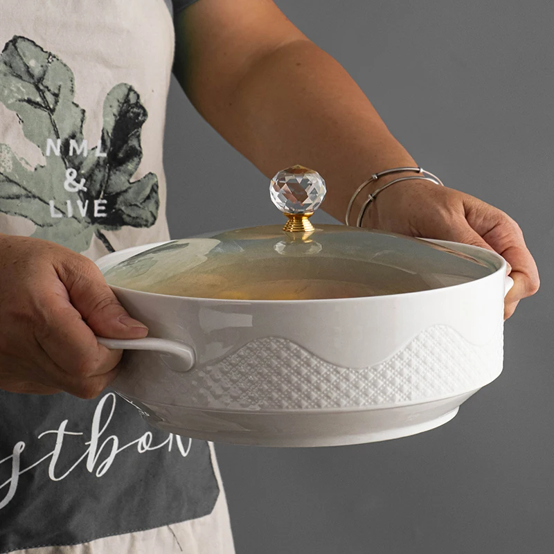 Creative Nordic Ceramic Handle Salad Fruit Soup Bowl With Lid Anti-scalding Noodle Rice Food Pot Dessert Breakfast Oat LA208 portable food container stainless steel food pot bowl lid