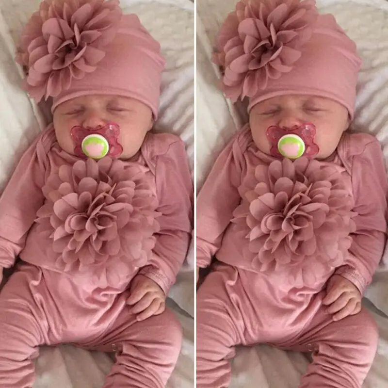Комплект одежды из 2 предметов для новорожденных девочек 0-18 месяцев комбинезон шапка с объемным цветком комплект одежды