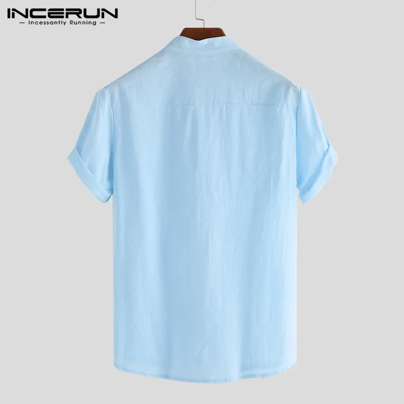 Summer casual men shirts stand collar solid cotton short sleeve streetwear