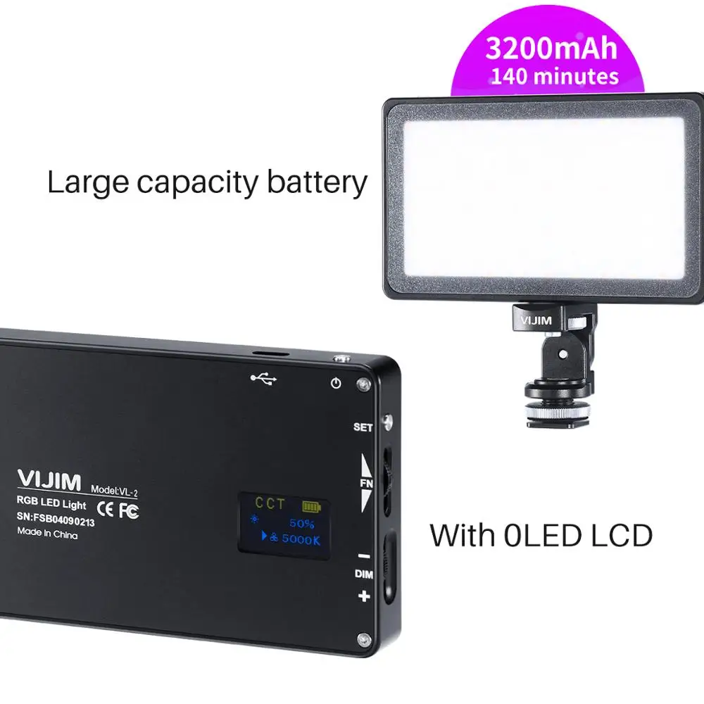 VIJIM VL-2 RGB LED Video Light 2500K-8500K Dimmable Lamp Photography Lighting for Sony Nikon DSLR Cameras