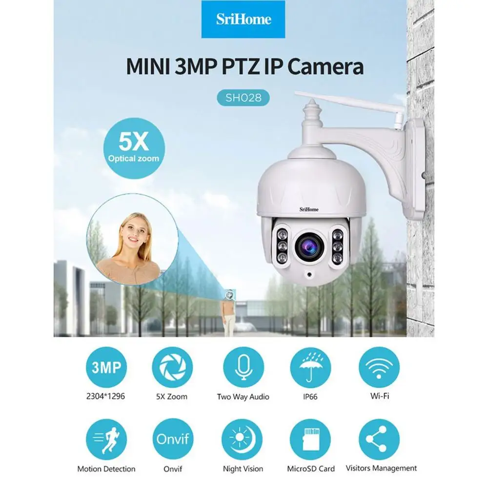 SH028 3.0MP Открытый IP Камера Водонепроницаемый 5X Оптический зум, Wi-Fi, Камера 360 P2P 2-полосная аудио Беспроводной видеонаблюдения PTZ