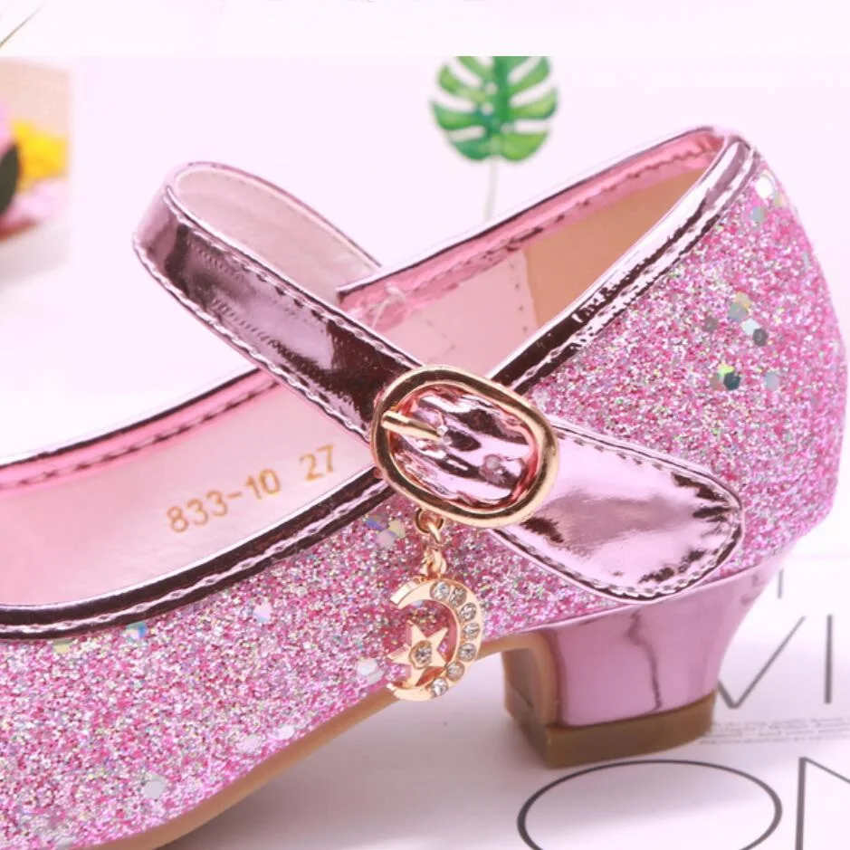 Children Princess Shoes student dance shoes for Girls High Heel Sandals Dress Purple Kids Leather Glitter Crystal Princess Shoes