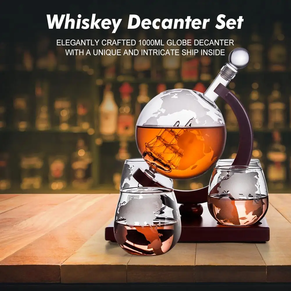 1000ml Whiskey Decanter 4 Cup Set Liquor Wine Glass Globe World Ship Decor