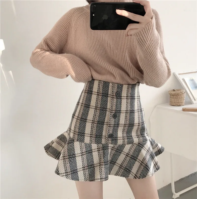 Винтажные шерстяные короткие юбки Jupe Femme, однобортные, высокая талия, Осень-зима, женские клетчатые юбки, женские вечерние сексуальные юбки-русалки