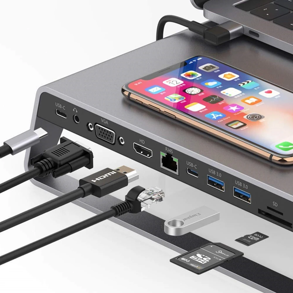 USB-C к HDMI VGA 11 в 1 многофункциональная док-станция для чтения карт MacbookHUB с беспроводной зарядкой