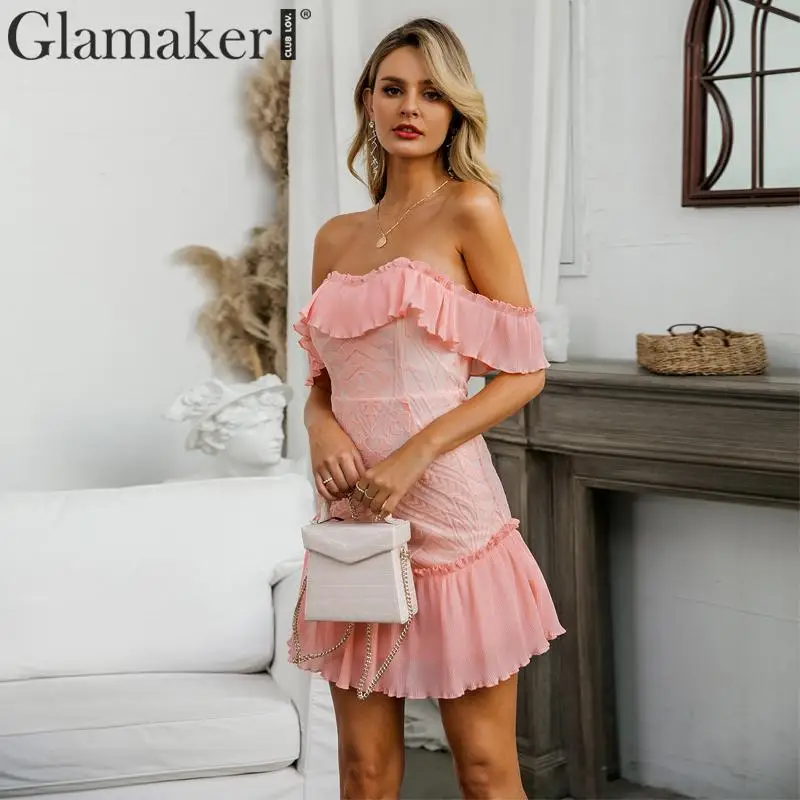Glamaker, платье с открытыми плечами, ярко-розовое, а-силуэт, сексуальное, кружевное, вечернее, короткое, для девушек, платье для вечеринки, мини, Цветочное платье для женщин, элегантное