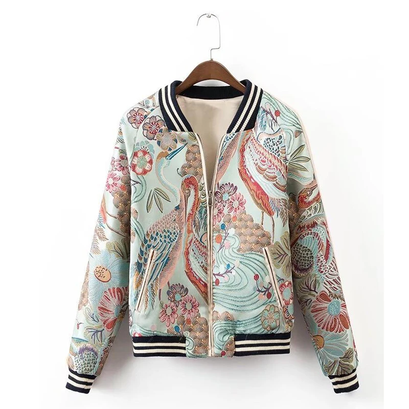 

Embroidery Jacket Chinese Style Crane Embroidery Pattern Fashion Baseball Jacket Women Jacket and Coat Bomber Jacket Women A286