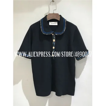 

Short sleeve lapel pullover women sweater knit 2020 sweater street 2020 autumn new blue black contrast color sweater top