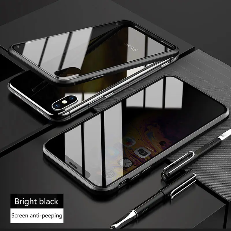 Анти-открытый экран прозрачные стеклянные чехлы для iphone 8 Plus 11 pro металлическая рамка 360 полный защитный чехол для iphone X XS MAX XR - Цвет: Черный