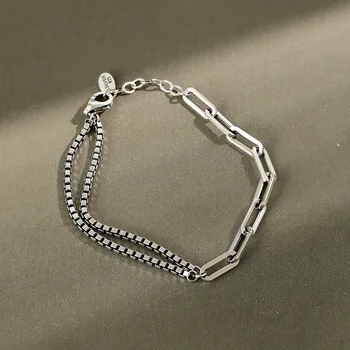 

100% 925 sterling silver double box chains bracelets for women accessories, vintage punk woman bracelet bangle femme jewelry