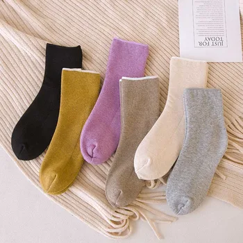 

Casual Autumn Winter Thickening Women Socks Plus Velvet Solid Color Floor Socks Lady's Mid Warm Elastic Stripe Socks