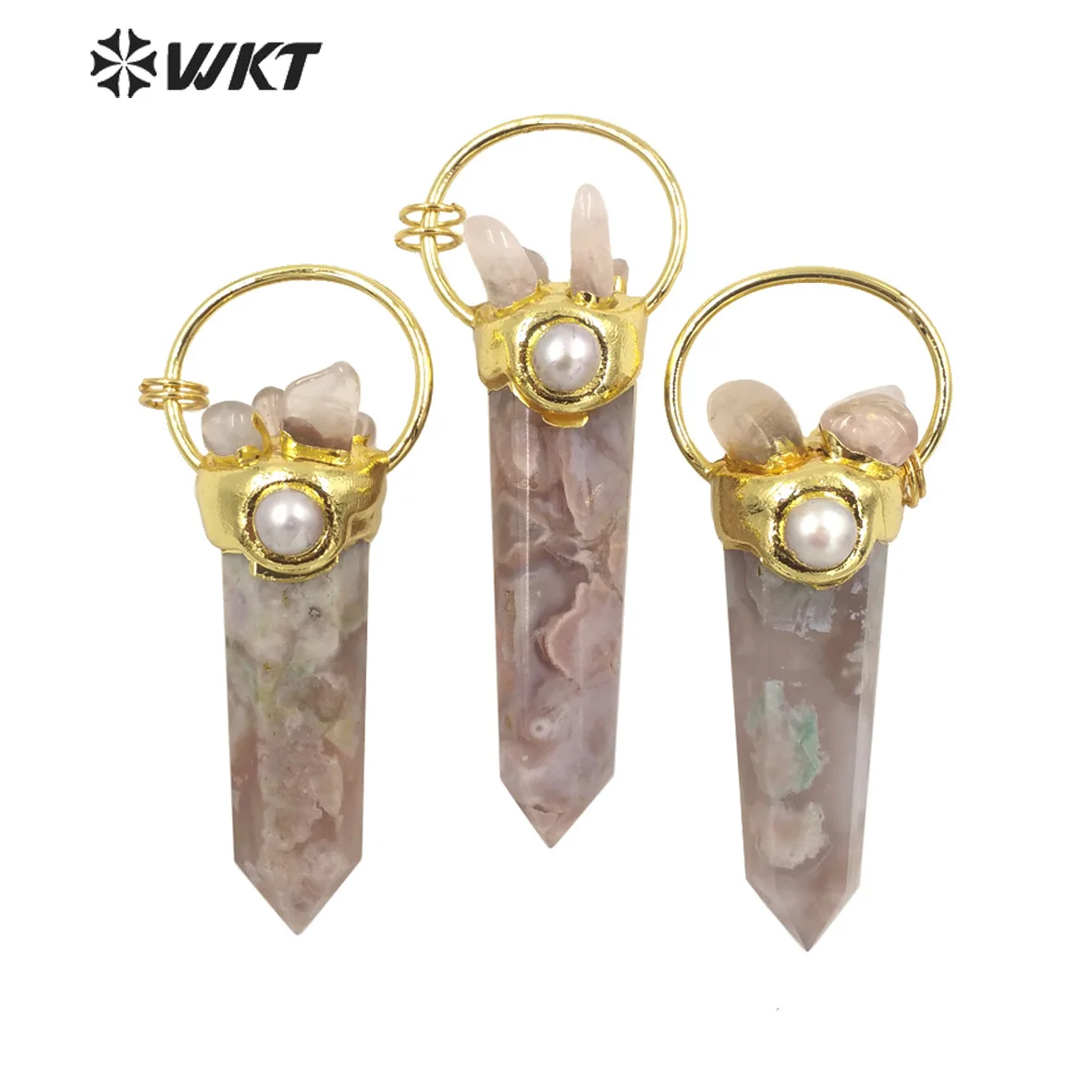 

WT-P1676 Amazing Big Natural Cherry Agates Quartz Point Pendant Gold Electroplated Spirit Point For Necklace