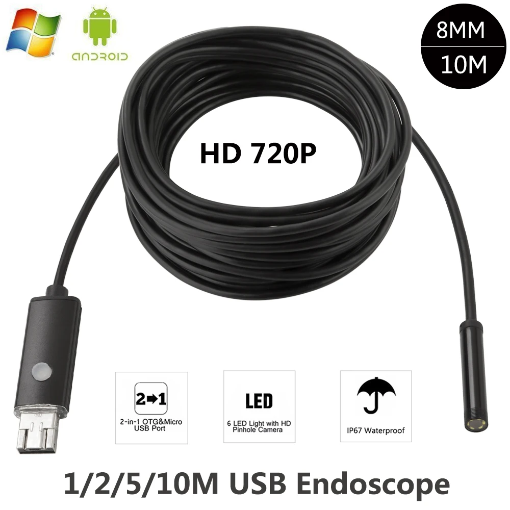 Endoscopio HD de 2MP, 6 LED, 8mm, 1M, 5M, Android, USB, IP67, cámara de tubo de boroscopio de inspección impermeable, OTG, teléfono Android, 720P