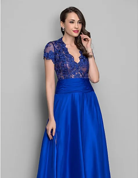 Новые модные пикантные vestidos de festa свободного покроя с коротким рукавом Вечерние платья Королевский синий цвет кружевное длинное вечернее платье для мамы; обувь под свадебное платье для невесты