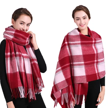 

Winter Plaid Wool Scarf For Women Fringes Warm Red White Plaid Sheep Wool Shawls and Wraps Autumn Ladies Large Size Wool Scarves