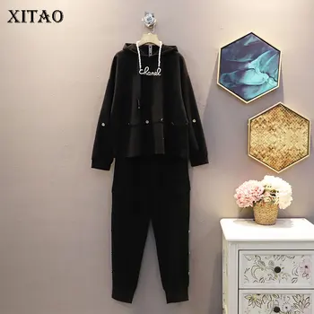 

XITAO Pockets Sequined Solid Women Set 2020 Autumn Casual Fashion New Style Temperament Hooded Collar Loose Women Clothes ZP3592