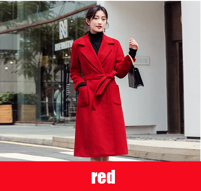 red Новинка, плотное шерстяное пальто, Женское пальто с длинным рукавом и отложным воротником, верхняя одежда, куртка на каждый день, Осень-зима, элегантное пальто, длинное пальто - Цвет: red