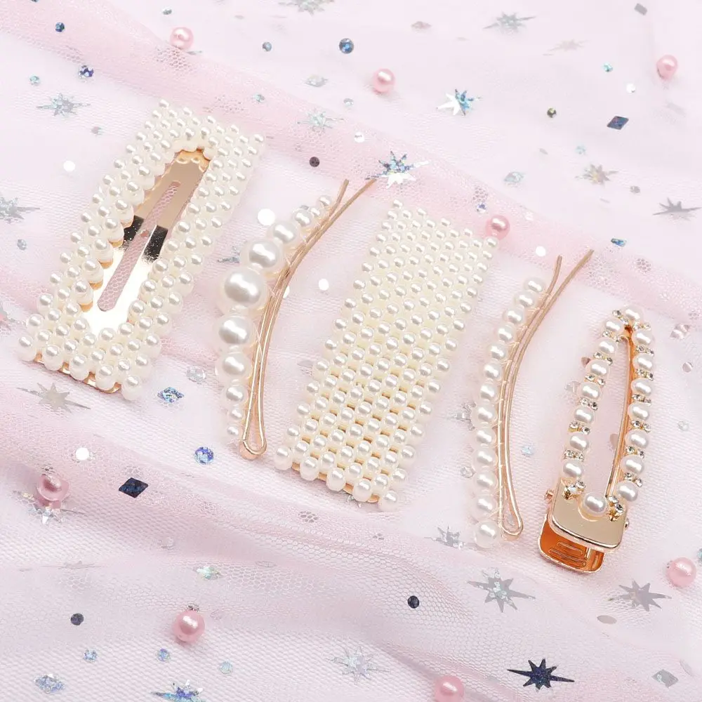 

Korean metal retro geometric hairpin wild girl temperament hair accessories natural stone spring clip Pearls Hair Clips forWomen