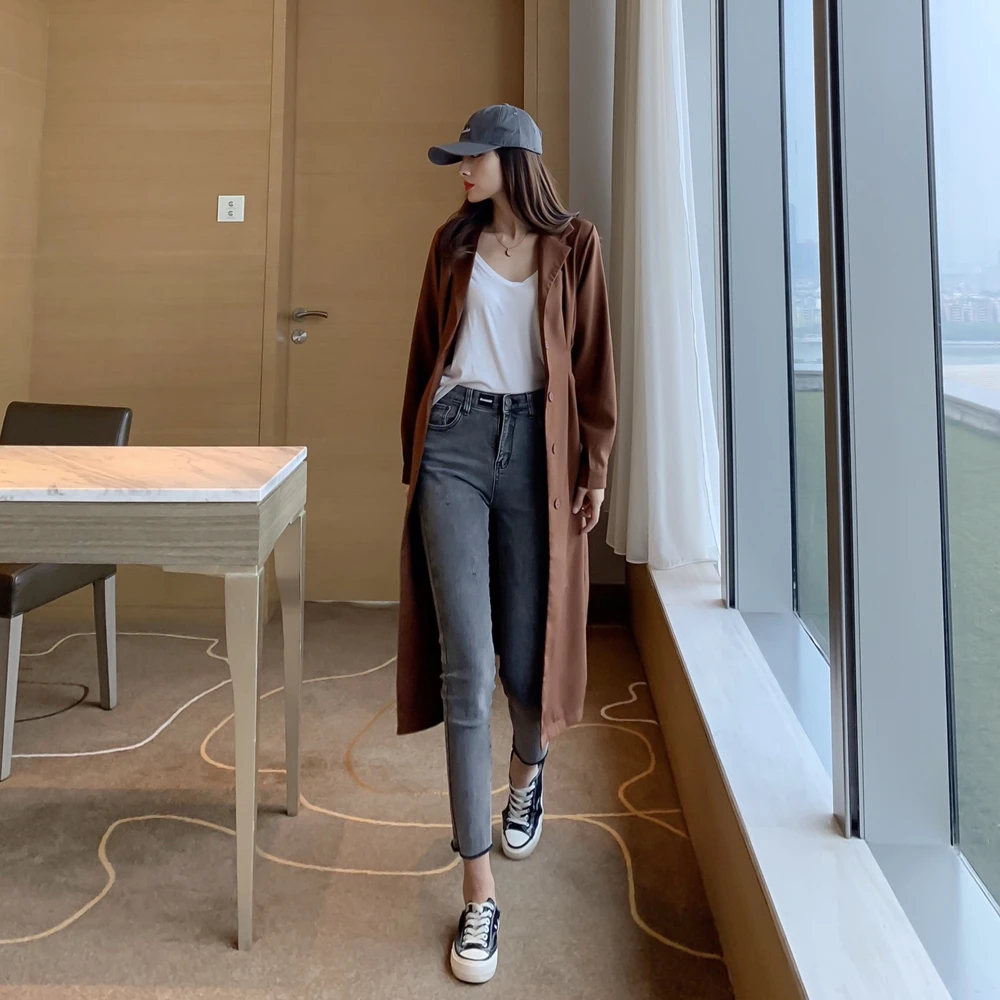 Fox mr. осень Гонконг аромат Шик Slim Fit Универсальный Талия обнимает похудение v-образным вырезом однобортный Тренч пальто костюм куртка O