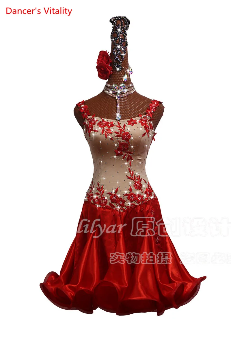 just the dress Индивидуальный заказ, Женский конкурс латиноамериканских танцев, одежда для выступлений, wchild год, Красная тонкая юбка с вышивкой рыбьей кости - Цвет: just the dress