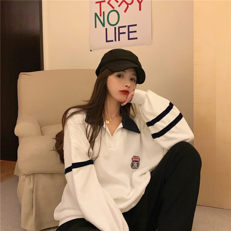 Autumn Woman Casual Long Sleeve Turn Down Collar T-shirt Women's Loose Tops A1941