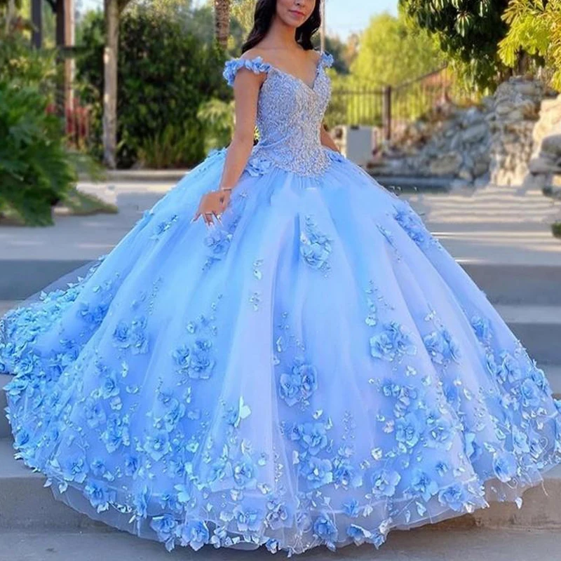 Dreaming Floral 3D Flowers Quinceanera Dresses Prom Dress V-neck Flower Straps Beaded Corset Back Sweet 15 16 Girls Dress