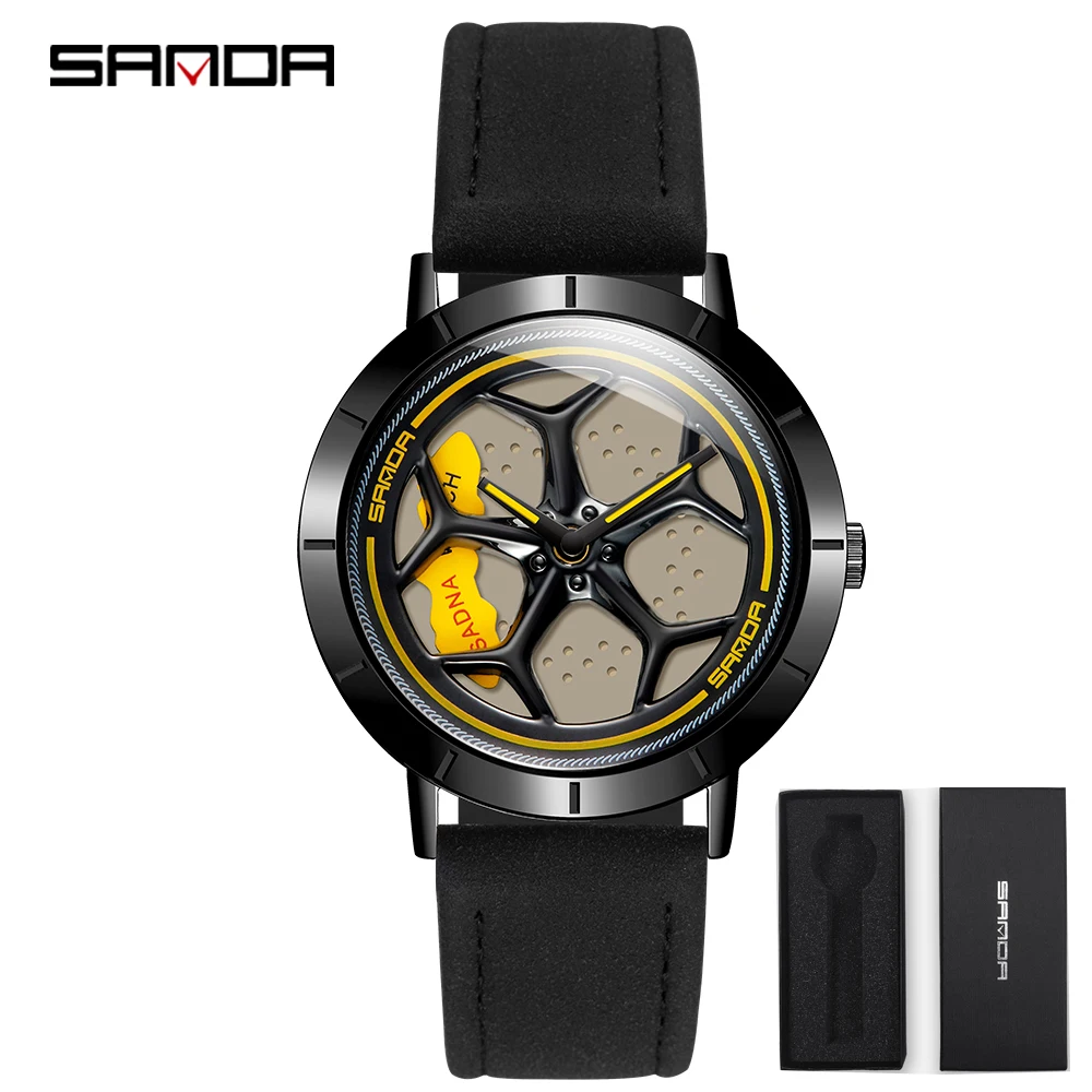 New Hot Sell Fashion Men Watches Sport Car Wheel Rim Hub Men Quartz Watch Leather Waterproof Creative 360 Degree Rotating Clock 