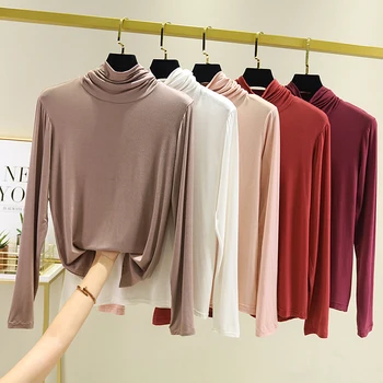 

Women Spring High Fashion Turtleneck Soft Modal Elastic Under Hot T Shirt Tops Female Plus Size Cotton Long Sleeve Graphic Tees