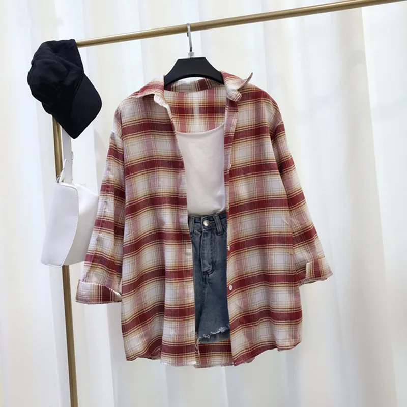 Fashion Women Plaid Shirt Blouse Long 